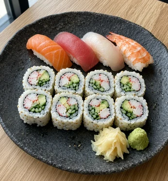 Rocky Maki Express: four nigiri and a California roll with pickled ginger and wasabi