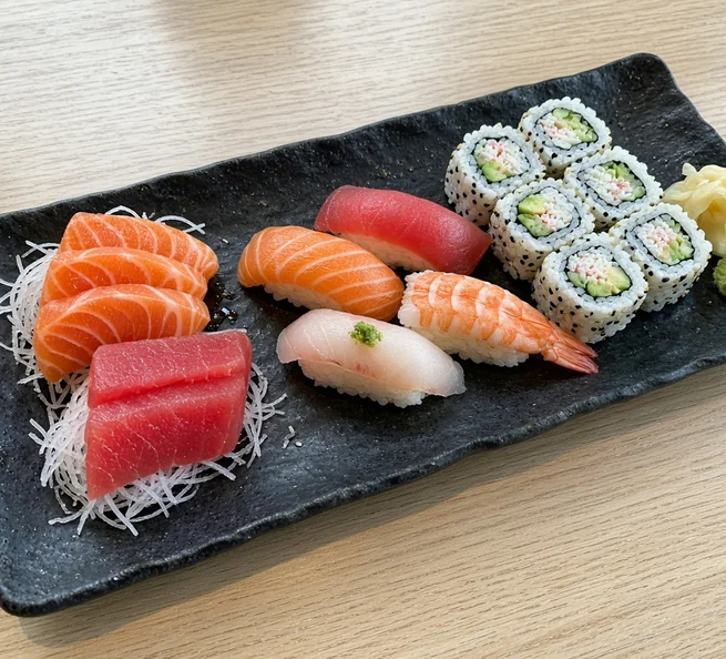 Sashimi Sushi Combo: salmon and tuna sashimi, four nigiri and California roll on a black plate