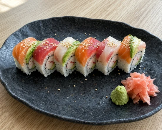 Rainbow Roll topped with salmon, tuna, white fish and avocado